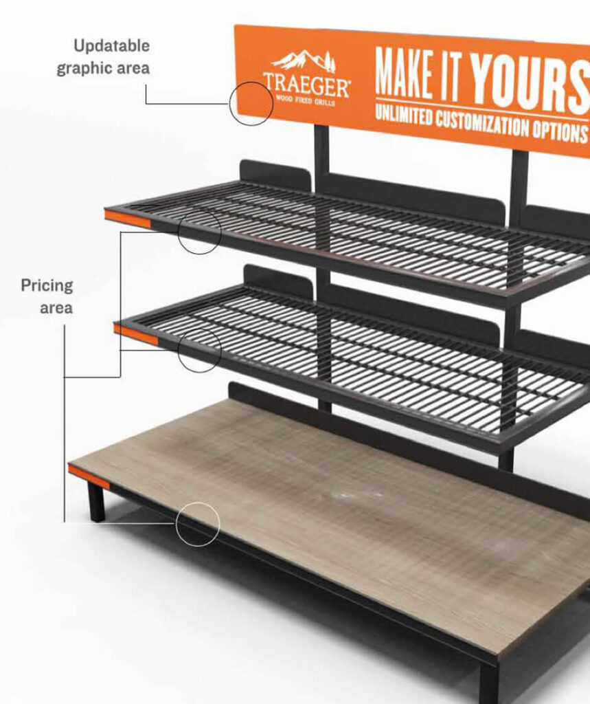 Retail shelving fixture for Traeger grills, labeled with areas for updatable graphics, pricing, and a custom base shelf, topped with a bold orange “Make It Yours” header.