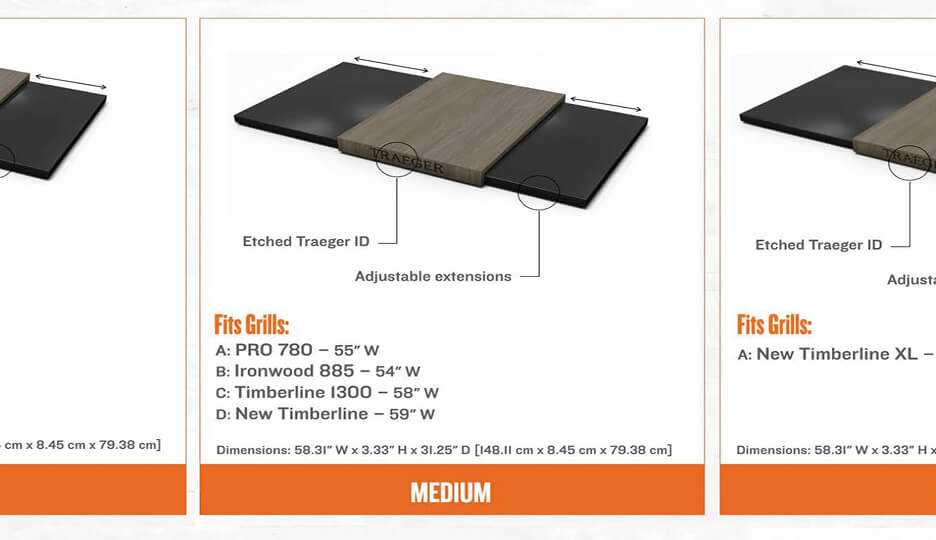 Medium-sized adjustable Traeger grill shelf with central etched wooden section labeled "Traeger" and black sliding extensions on both sides. Compatible with several Traeger grill models.
