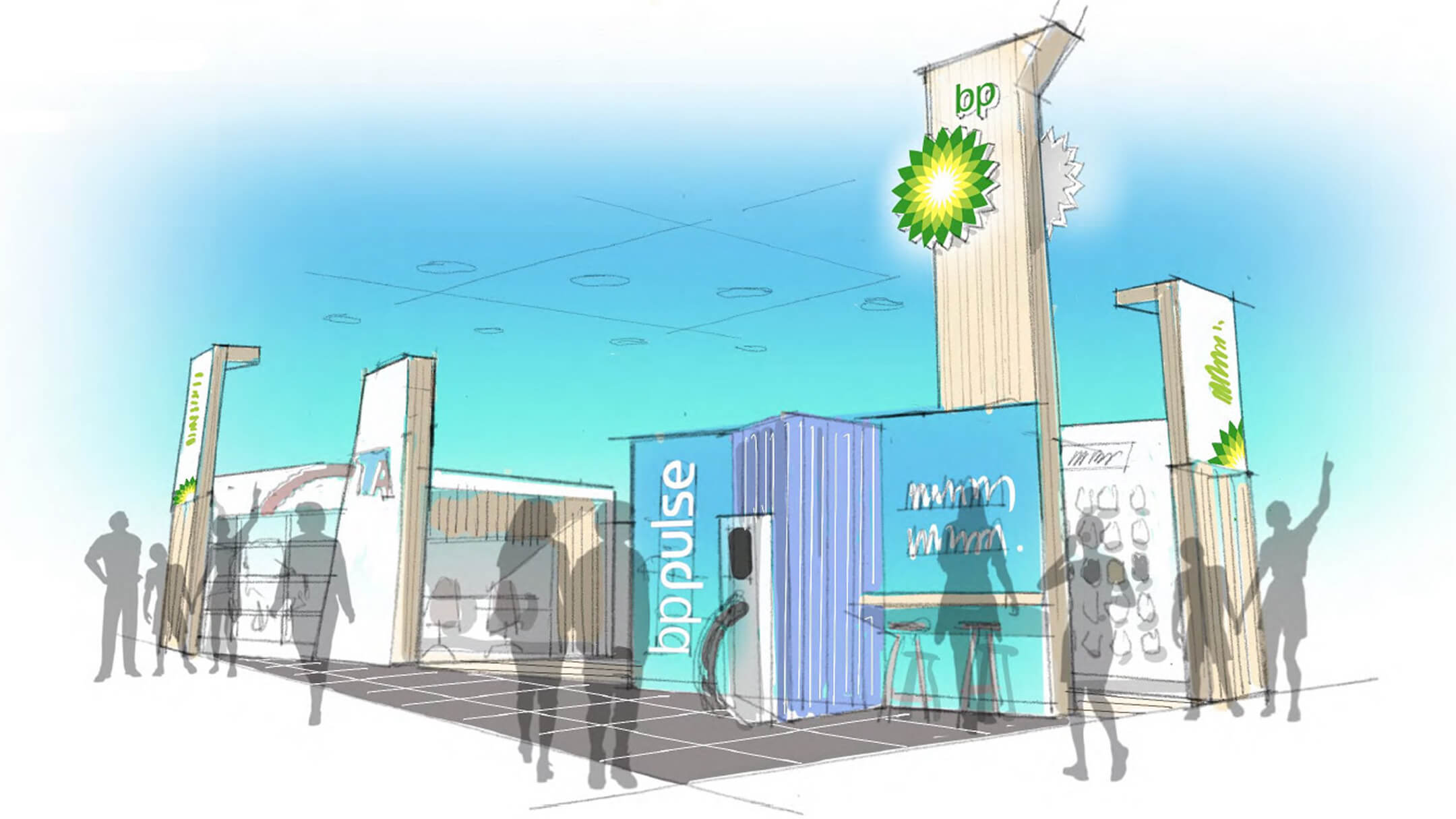Architectural sketch of a BP and bp pulse exhibition booth with brand signage, seating area, and human silhouettes indicating visitor flow.