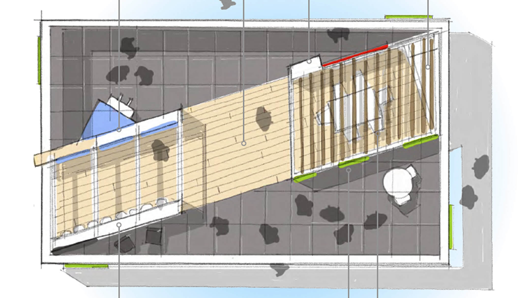 Top-down sketch of a trade show booth layout featuring segmented zones, furniture placements, and structural framing with floor tiling and pathway markings.