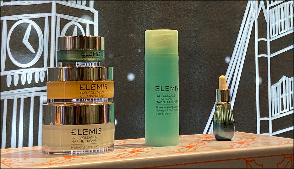 Close-up view of a festive retail display showcasing ELEMIS skincare products.
